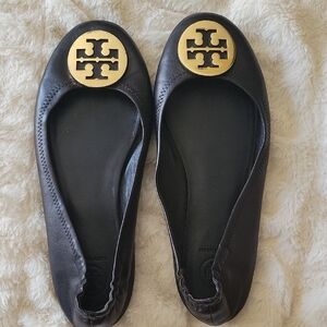 Tory Burch Black and Gold Flats with Iconic Logo